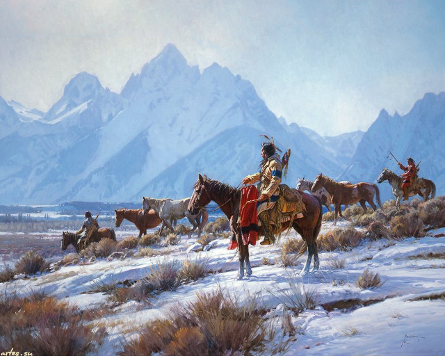 Man horse horses mountains painting free wallpaper for desktop - medium preview image