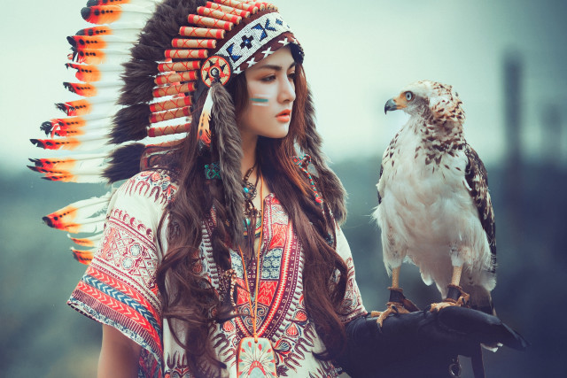 Woman native american headdress falcon free wallpaper for desktop - medium preview image