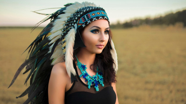 Woman headdress feathered head field #2 free wallpaper for desktop - medium preview image
