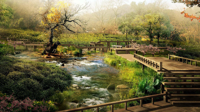 River bridge park trees flowers free wallpaper for desktop - medium preview image