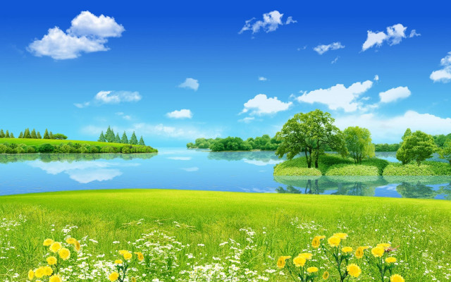 Green field flowers trees lake #3 free wallpaper for desktop - medium preview image