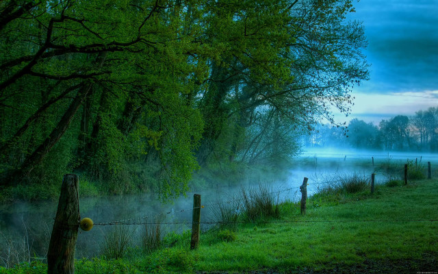 Foggy river fence trees dusk free wallpaper for desktop - medium preview image