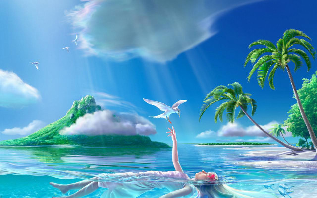 Woman floating ocean bird island free wallpaper for desktop - medium preview image