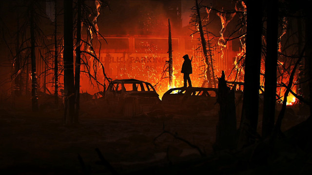 Person standing fire forest cars free wallpaper for desktop - medium preview image