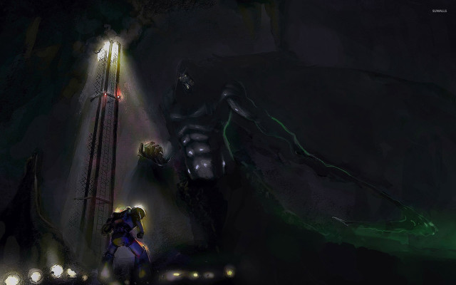 Man standing cave flashlight hand free wallpaper for desktop - medium preview image