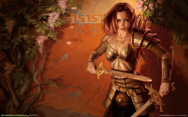 Woman gold outfit sword tree free wallpaper for desktop - medium preview image