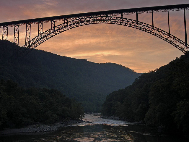 Bridge river boat sunset dawn free wallpaper for desktop - medium preview image