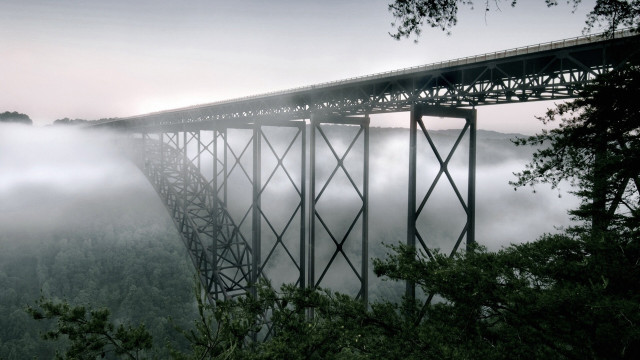 Foggy bridge trees clouds nature free wallpaper for desktop - medium preview image