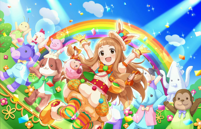 Girl stuffed animals rainbow sky free wallpaper for desktop - medium preview image