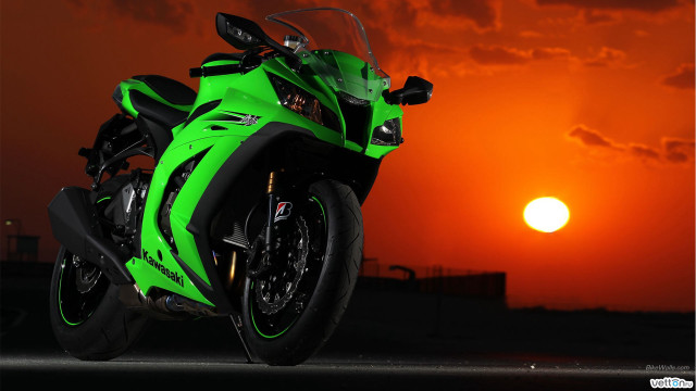 Green motorcycle sunset clouds red free wallpaper for desktop - medium preview image