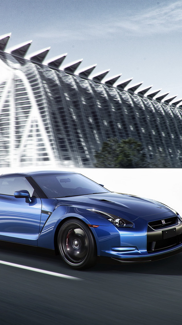 Blue sports car futuristic building free wallpaper for mobile - medium preview image