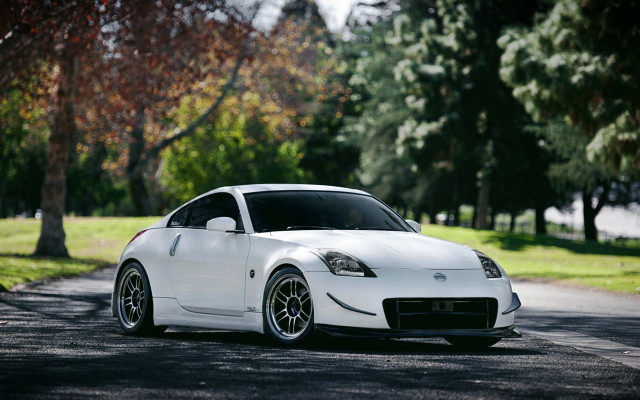 White sports car street trees free wallpaper for desktop - medium preview image