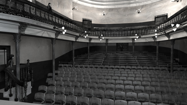 Auditorium black white seats railings free wallpaper for desktop - medium preview image