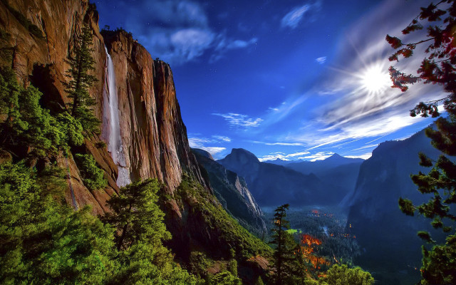 Waterfall mountain forest distant scenery free wallpaper for desktop - medium preview image