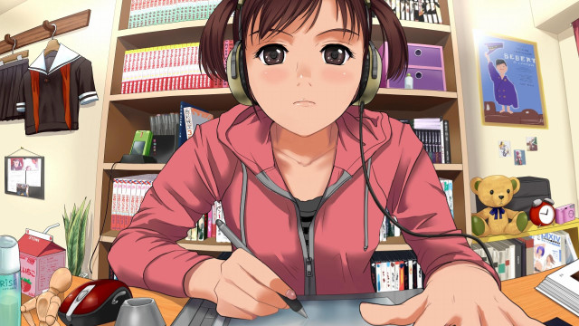 Woman sitting desk headphones laptop free wallpaper for desktop - medium preview image