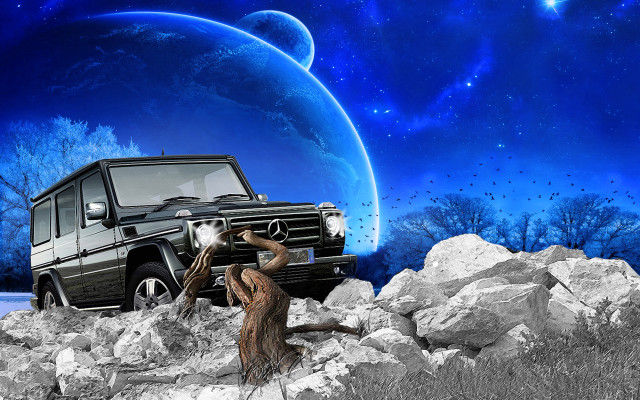 Black white mercedes space art free wallpaper for desktop - medium preview image