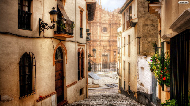Narrow alley clock tower window free wallpaper for desktop - medium preview image