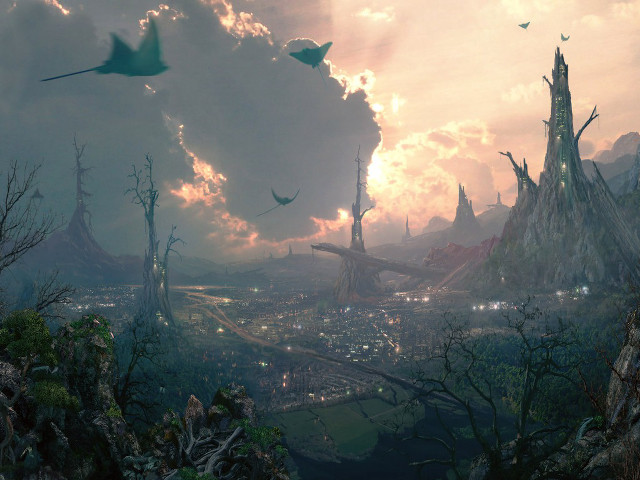 City sky trees bushes painting free wallpaper for desktop - medium preview image