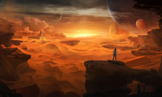 Man desert sunset planet rock free wallpaper for desktop - medium preview image