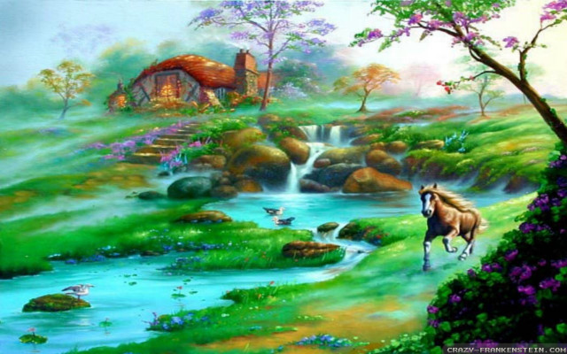 Horse field waterfall house rainbow free wallpaper for desktop - medium preview image