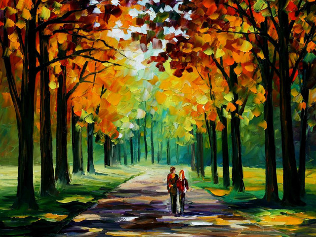 People walking path woods trees free wallpaper for desktop - medium preview image