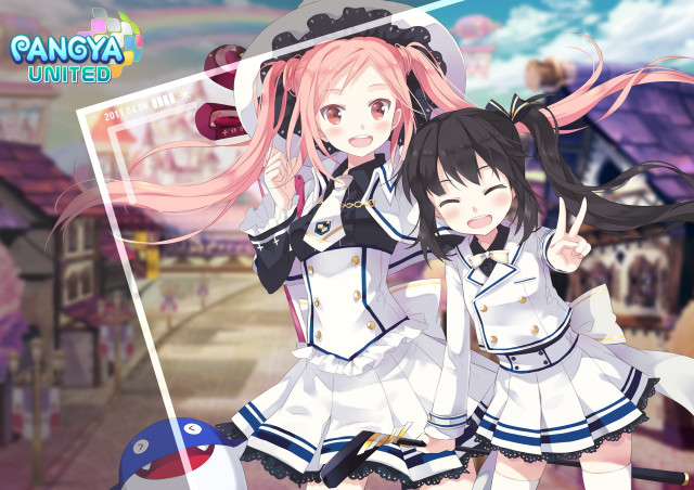 Anime girls standing building sign free wallpaper for desktop - medium preview image