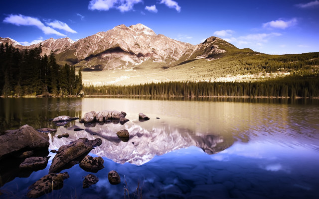 Mountain reflection lake rocks trees free wallpaper for desktop - medium preview image