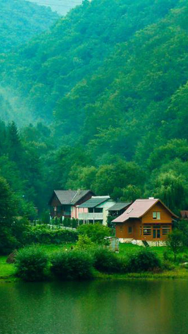 House island lake mountains trees free wallpaper for mobile - medium preview image