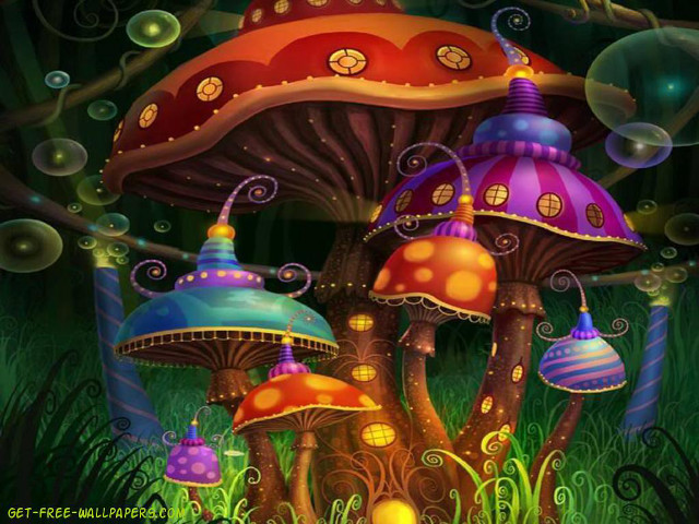 Mushrooms grass bubbles clock painting free wallpaper for desktop - medium preview image