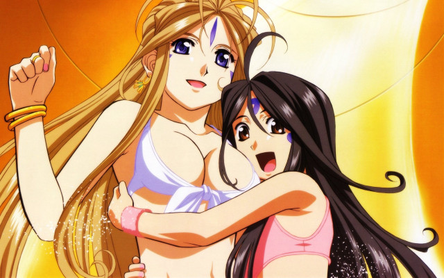 Anime girls hugging yellow background free wallpaper for desktop - medium preview image