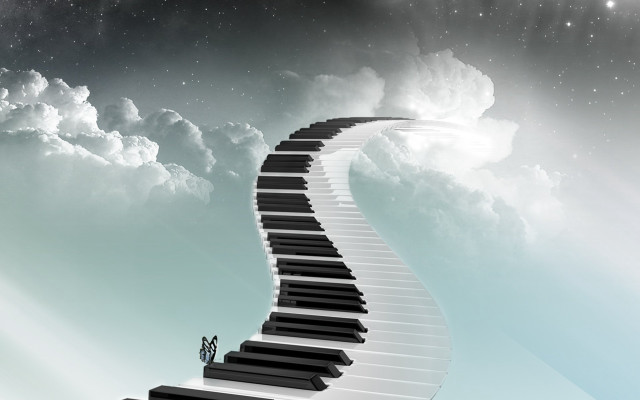 Man piano sky clouds stars free wallpaper for desktop - medium preview image