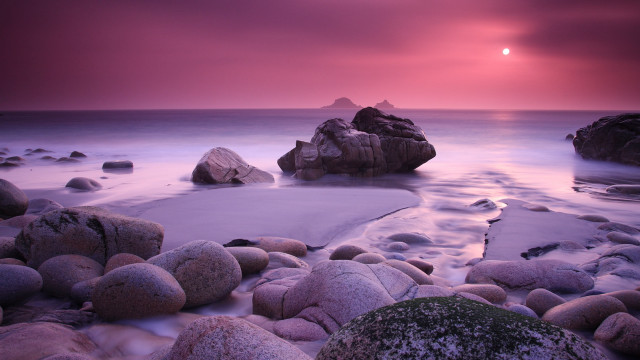 Beach rocks water purple sky free wallpaper for desktop - medium preview image
