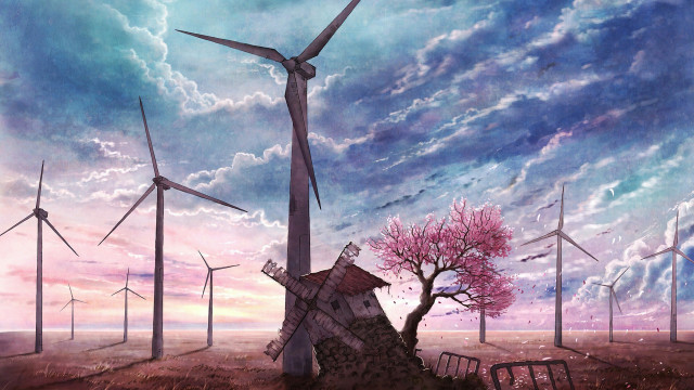 Windmill tree pink flower blue free wallpaper for desktop - medium preview image