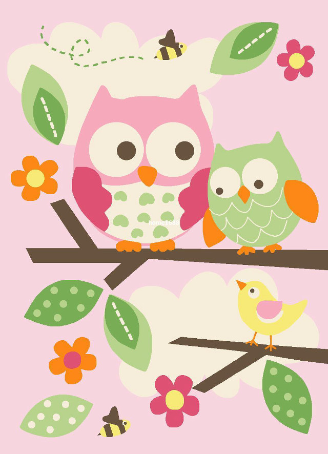 Pink owls branch flowers bees free wallpaper for mobile - medium preview image