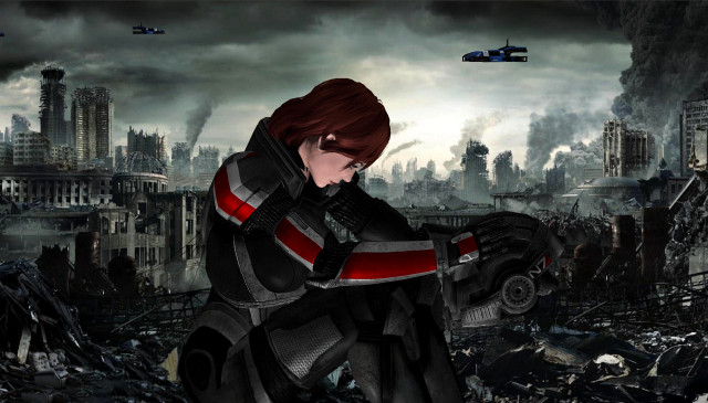 Woman futuristic suit destroyed city free wallpaper for desktop - medium preview image
