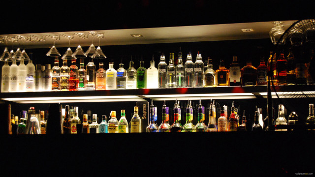 Bar bottles liquor shelves neon free wallpaper for desktop - medium preview image