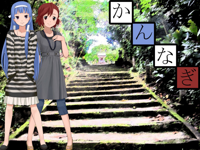 Anime girls stairs forest path free wallpaper for desktop - medium preview image