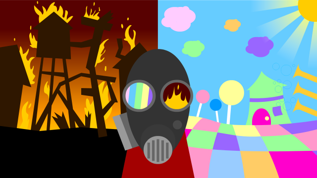 Gas mask city painting fireplace free wallpaper for desktop - medium preview image