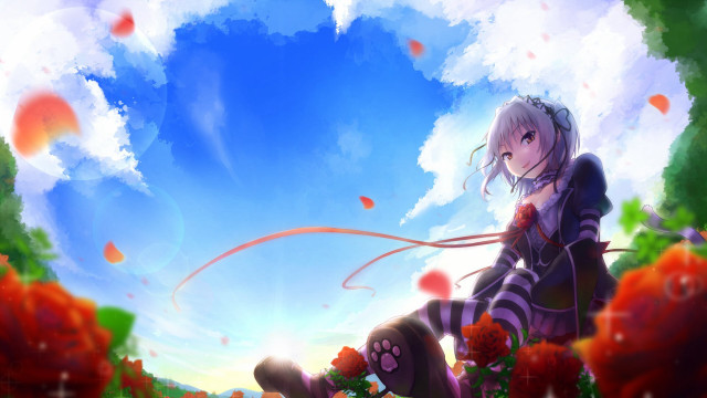 Anime girl flower field sky free wallpaper for desktop - medium preview image