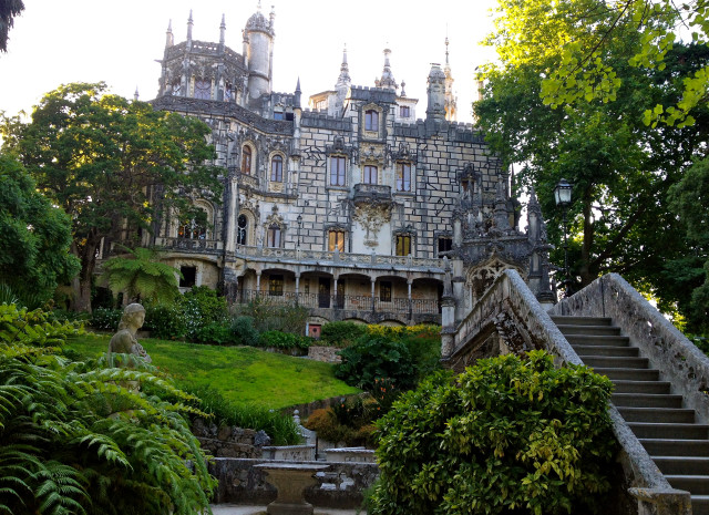 Gothic castle stairs statue grassy free wallpaper for desktop - medium preview image