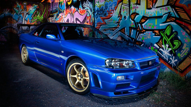 Blue car graffiti wall yellow free wallpaper for desktop - medium preview image