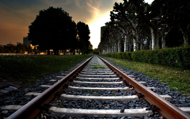 Train track trees sunset clouds free wallpaper for desktop - medium preview image