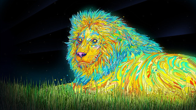 Lion sitting grass black background free wallpaper for desktop - medium preview image