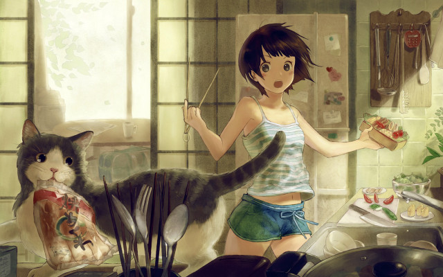Girl knife cat kitchen counter free wallpaper for desktop - medium preview image
