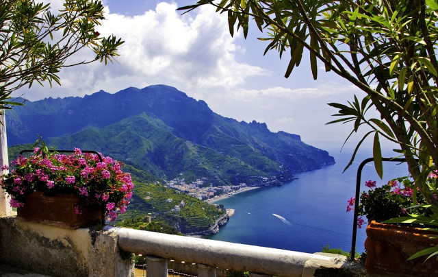 Balcony mountain water flowers view free wallpaper for desktop - medium preview image