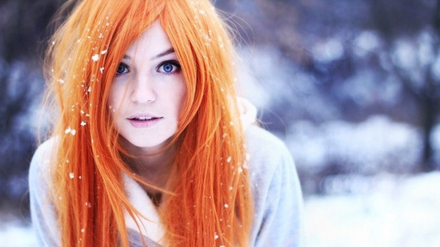 Red haired woman snow blue free wallpaper for desktop - medium preview image