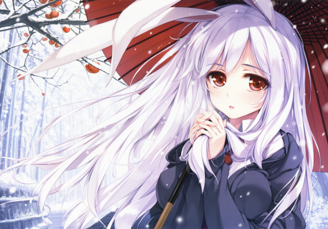 Girl white hair umbrella snow free wallpaper for desktop - medium preview image