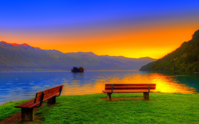 Bench lush green field lake free wallpaper for desktop - medium preview image