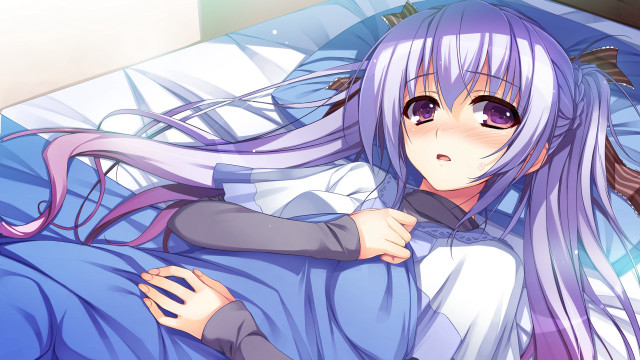 Purple hair girl laying bed free wallpaper for desktop - medium preview image
