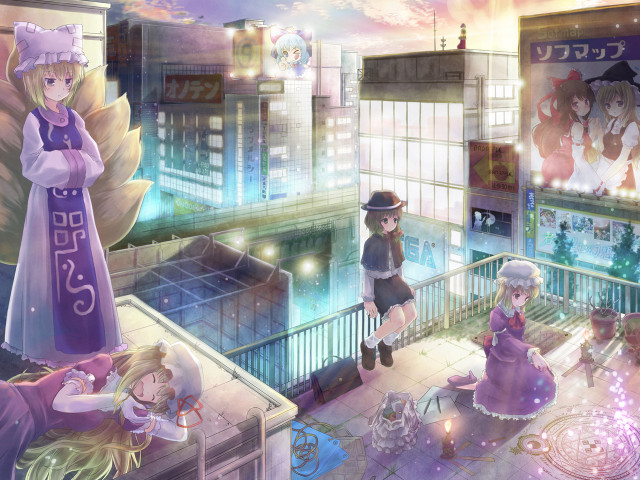 Anime girls balcony building night free wallpaper for desktop - medium preview image